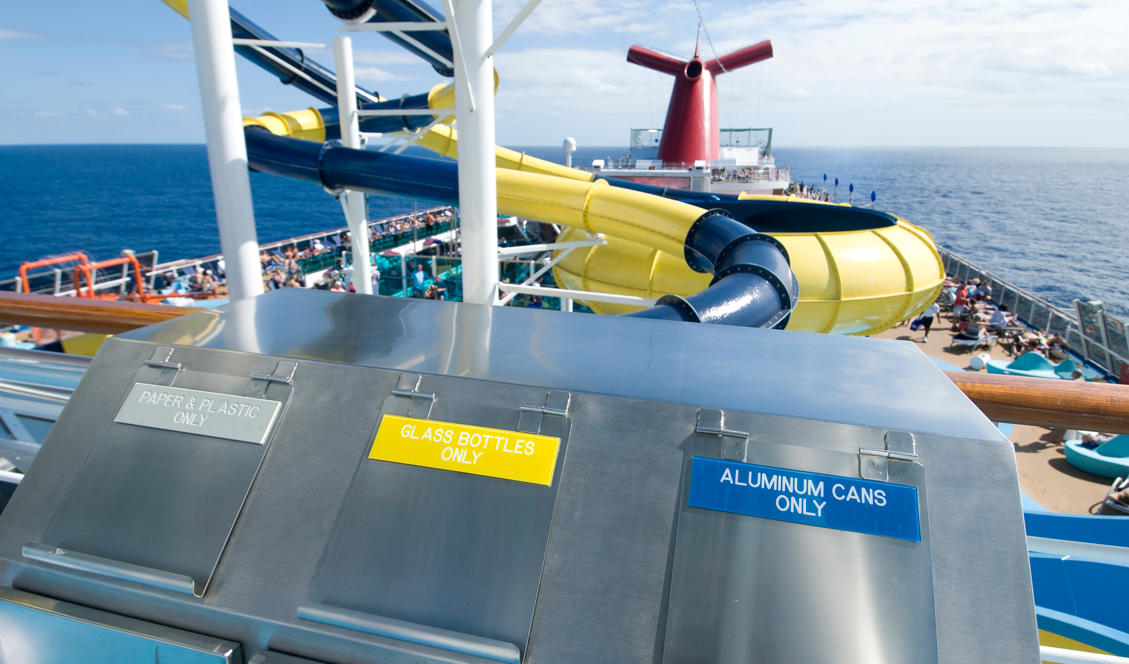 A recycling system on one of Carnival Corporation's cruise ships. Each ship has its own environmental officer, who ensures the company's eco-friendly guidelines are followed
